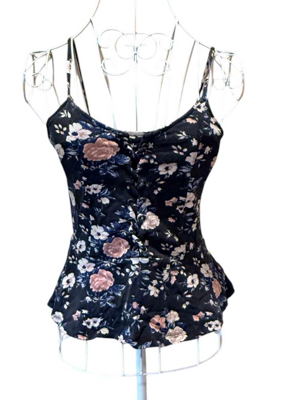American Eagle Outfitters Floral Lace-Up Corset Tank Top Black Peplum Small